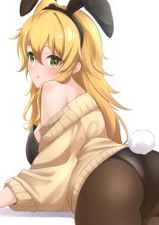 Rule 34 | 1girl, :o, absurdres, ahoge, animal ears, ass, b1ack illust, black leotard, black pantyhose, blonde hair, blush, fake animal ears, green eyes, highres, hoshii miki, idolmaster, idolmaster (classic), idolmaster million live!, leaning forward, leotard, looking at viewer, looking back, off-shoulder sweater, off shoulder, pantyhose, playboy bunny, rabbit ears, rabbit tail, simple background, single bare shoulder, solo, sweater, tail, white background