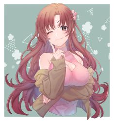 Rule 34 | 1girl, anezaki yukimi, aqua background, bare shoulders, blush, breasts, brown eyes, brown hair, cleavage, cleavage cutout, closed mouth, clothing cutout, collarbone, cropped torso, flower, hair flower, hair ornament, highres, index finger raised, large breasts, long hair, long sleeves, one eye closed, smile, solo, tsu3 v, upper body, very long hair, virtual youtuber, yukimi onee-channel