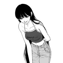 Rule 34 | 1girl, arms behind back, bare arms, bare shoulders, blunt bangs, breasts, camisole, clothes writing, collarbone, cowboy shot, greyscale, hair behind ear, halterneck, leaning forward, long hair, looking at viewer, midriff, mole, mole under eye, monochrome, muryo, navel, original, pants, parted lips, simple background, sleeveless, smile, solo, spaghetti strap, straight hair, twitter username, very long hair