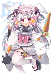 Rule 34 | 1girl, :d, animal, animal ears, bell, black footwear, blush, bow, chinese zodiac, commentary request, feet out of frame, grey hair, hair rings, highres, japanese clothes, jingle bell, kimono, ko yu, long hair, long sleeves, looking at viewer, obi, open mouth, original, pink bow, platform clogs, platform footwear, rabbit, rabbit ears, red eyes, sandals, sash, signature, simple background, sleeves past wrists, smile, solo, standing, standing on one leg, teeth, text background, thighhighs, upper teeth only, very long hair, white background, white kimono, white thighhighs, wide sleeves, year of the rabbit, zouri