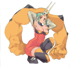 Rule 34 | 1girl, 2016, aqua hair, arms behind head, arms up, boots, breasts, brown eyes, cerebella (skullgirls), cleavage, detached collar, large breasts, sidelocks, skirt, skullgirls, smile, solo, squatting, tanakalma, thigh boots, thighhighs, vice-versa (skullgirls), white background