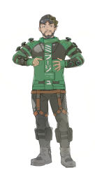 Rule 34 | 1boy, angel city hustler mirage, animification, apex legends, black eyes, black footwear, black hair, black pants, blonde hair, boots, chain, character name, colored tips, eyebrow cut, facial hair, full body, goatee, goggles, goggles on head, gold chain, green jacket, highres, jacket, male focus, mirage (apex legends), mudu, multicolored hair, official alternate costume, open hand, pants, pointing, smile, solo, standing, straight-on, translated