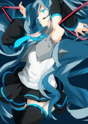 Rule 34 | 1girl, armpits, arms up, black skirt, blue eyes, blue hair, blue necktie, cowboy shot, dark background, detached sleeves, enma614 (patidonn), expressionless, floating hair, glowing, glowing eyes, hatsune miku, headset, long hair, looking away, necktie, parted lips, shirt, simple background, skirt, sleeveless, sleeveless shirt, solo, thighhighs, twintails, upper body, very long hair, vocaloid, waiscoat, white shirt