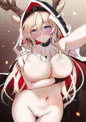 Rule 34 | absurdres, animal ears, antlers, arknights, black choker, blonde hair, blue eyes, bright pupils, censored, choker, commentary request, covering breasts, covering privates, cowboy shot, groin, highres, hood, horns, kokihanada, long hair, looking at viewer, mosaic censoring, navel, nude, pussy, standing, stomach, very long hair, viviana (arknights), white pupils