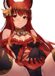Rule 34 | 1girl, animal ears, anthuria, arm support, bad id, bad pixiv id, bare shoulders, black thighhighs, blush, breasts, choker, cleavage, detached sleeves, dress, elbow gloves, erune, gloves, granblue fantasy, hair ornament, highres, koretsuki azuma, long hair, looking at viewer, medium breasts, presenting, red eyes, red hair, sidelocks, sitting, solo, thighhighs