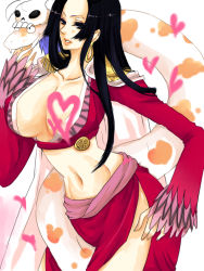 Rule 34 | 1girl, amazon lily, amazon warrior, black hair, boa hancock, breasts, cape, cleavage, earrings, epaulettes, female focus, hand on own hip, heart, hip focus, jewelry, large breasts, long hair, midriff, navel, one piece, salome (one piece), skull, snake