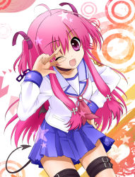 Rule 34 | 10s, 1girl, ;d, ahoge, angel beats!, belt, colorized, demon tail, fang, hand on own hip, long hair, long sleeves, necktie, one eye closed, open mouth, pink eyes, pink hair, pleated skirt, sacraneco, school uniform, serafuku, skirt, smile, solo, tail, two side up, v over eye, wink, yui (angel beats!)