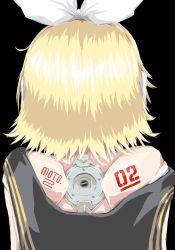 Rule 34 | 1girl, android, back, back tattoo, bare back, bare shoulders, bow, cyberpunk, electric plug, hair bow, highres, izki, kagamine rin, mechanical parts, number tattoo, sailor collar, science fiction, short hair, shoulder blades, solo, tattoo, vocaloid