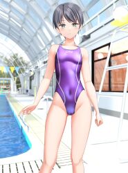 Rule 34 | 1girl, absurdres, breasts, cameltoe, clothes writing, commentary request, competition swimsuit, contrapposto, covered navel, cowboy shot, feet out of frame, green eyes, grey hair, highleg, highleg swimsuit, highres, indoors, looking at viewer, multicolored clothes, multicolored swimsuit, one-piece swimsuit, original, pool, poolside, purple one-piece swimsuit, short hair, small breasts, solo, standing, string of flags, swimsuit, takafumi