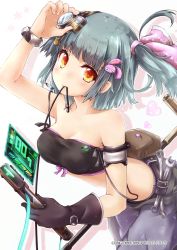 Rule 34 | 1girl, akino coto, arm strap, belt, blunt bangs, bracelet, contrapposto, dmm, gloves, green hair, hair ornament, headgear, highres, holding, jewelry, looking at viewer, microphone, midriff, mouth hold, official art, side ponytail, single glove, strapless, watermark, white background, wrench, yellow eyes