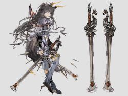 Rule 34 | 1girl, abulb, alternate design, animal ears, arknights, armor, armored boots, black hair, black skirt, boots, brown eyes, dual wielding, from behind, full body, gauntlets, grey background, highres, holding, holding sword, holding weapon, long hair, looking at viewer, looking back, ponytail, simple background, skirt, solo, standing, sword, tail, texas (arknights), v-shaped eyebrows, very long hair, weapon, wolf ears, wolf girl, wolf tail