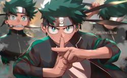 Rule 34 | 3boys, arm up, artist name, black jacket, blurry, blurry background, boku no hero academia, clenched teeth, commentary, depth of field, english commentary, green eyes, green hair, grey shirt, headband, jacket, konohagakure symbol, kunai, long sleeves, looking at viewer, male focus, midoriya izuku, mouth hold, multiple boys, multiple persona, naruto, naruto (series), open clothes, open jacket, scar, scar on hand, serious, shirt, teeth, trubwlsum, upper body, weapon