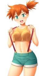 Rule 34 | 1girl, :d, bare arms, blush, breasts, collarbone, commentary request, covered erect nipples, cowboy shot, creatures (company), eyelashes, game freak, green eyes, green shorts, hands up, highres, looking at viewer, midriff, misty (pokemon), navel, nintendo, open mouth, orange hair, pokemon, pokemon (anime), pokemon (classic anime), shirt, short shorts, shorts, side ponytail, simple background, sin-go, small breasts, smile, solo, suspenders, teeth, tongue, upper teeth only, white background, yellow shirt