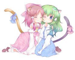 Rule 34 | 2girls, :&lt;, :3, ;&lt;, animal ears, bad id, bad pixiv id, blue eyes, brown hair, cat ears, cat girl, cat tail, detached sleeves, closed eyes, female focus, frog, green hair, hakurei reimu, japanese clothes, kemonomimi mode, kneeling, kochiya sanae, mary janes, miko, multiple girls, one eye closed, ribbon, shiguri, shoes, short hair, sitting, sleeves past wrists, snake, tail, tail ornament, tail ribbon, touhou, transparent background, wide sleeves, wince, wink
