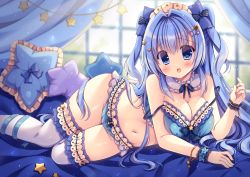 Rule 34 | 1girl, bed, bed sheet, bedroom, blue bow, blue bra, blue eyes, blue hair, blue panties, blue ribbon, blurry, blurry background, blush, bow, bow bra, bow panties, bowtie, bra, breasts, breasts squeezed together, canopy bed, cleavage, commentary request, curtains, detached collar, feet out of frame, flower, frills, groin, hair bow, hair flower, hair intakes, hair ornament, hairclip, headdress, heart, heart hair ornament, highres, indoors, kouta., large breasts, long hair, looking at viewer, lying, navel, on bed, on side, open mouth, original, panties, pillow, ribbon, scrunchie, shiny skin, solo, star (symbol), strap slip, sunflower, sunflower hair ornament, thighhighs, two side up, underwear, white thighhighs, window, wrist scrunchie