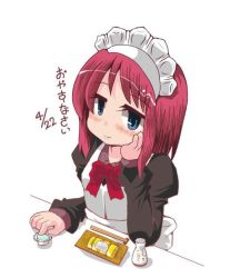 Rule 34 | 1girl, apron, blue eyes, blush, bob cut, chickensyoka, chopsticks, closed mouth, collared shirt, commentary request, dated, eyelashes, half-closed eyes, hand on own cheek, hand on own face, hisui (tsukihime), maid, maid headdress, necktie, red hair, red necktie, red ribbon, ribbon, shirt, short hair, simple background, smile, solo, translation request, tsukihime, white apron, white background