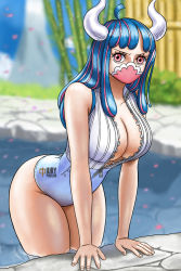 Rule 34 | 1girl, antenna hair, arm support, bare legs, bare shoulders, blue hair, breasts, cleavage, curvy, domino mask, horns, iury padilha, large breasts, long hair, looking at viewer, mask, multicolored hair, one-piece swimsuit, one piece, pink eyes, shiny skin, solo, swimsuit, ulti (one piece), water, white one-piece swimsuit