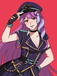 Rule 34 | 1girl, aqua hair, armband, breasts, choker, cleavage, cuffs, fingerless gloves, gloves, hand on own hip, handcuffs, hat, highres, long hair, macross, macross delta, medium breasts, mikumo guynemer, multicolored hair, noriuma, pink hair, pleated skirt, police, police hat, police uniform, policewoman, red background, skirt, solo, two-tone hair, uniform, very long hair