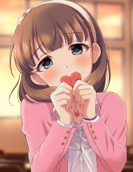 Rule 34 | 1girl, annyuiusagi, blazer, blunt bangs, blurry, blurry background, blush, bow, bowtie, brown hair, classroom, covered mouth, gem, head tilt, heart, highres, holding, holding paper, idolmaster, idolmaster cinderella girls, indoors, jacket, looking at viewer, paper, pink jacket, sakuma mayu, solo, striped bow, striped bowtie, striped clothes, sunset, upper body