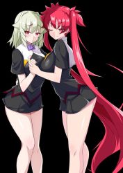 Rule 34 | 2girls, arcana heart, arcana heart 3, bad id, bad twitter id, bare legs, black background, holding hands, jin kichi, long hair, looking at viewer, looking back, md5 mismatch, miniskirt, multiple girls, one eye closed, red eyes, red hair, scharlachrot, short hair, skirt, smile, twintails, very long hair, weiss, white hair
