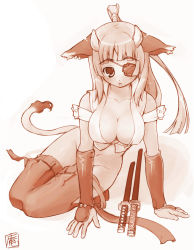Rule 34 | 1girl, animal ears, boots, breasts, cleavage, cow, cow ears, cow girl, cow tail, eyepatch, horns, katana, large breasts, monochrome, no panties, solo, sword, tail, thigh boots, thighhighs, weapon