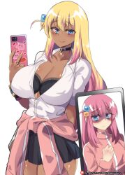 Rule 34 | 1girl, absurdres, alternate costume, alternate hair color, alternate skin color, animalization, black bra, black skirt, blonde hair, blue eyes, bocchi the rock!, bra, bracelet, breasts, cameo, cellphone, choker, cleavage, clothes around waist, collarbone, collared shirt, commentary, cube hair ornament, dark-skinned female, dark skin, english commentary, gloom (expression), gotoh hitori, gotoh hitori (octopus), gyaru, hair between eyes, hair ornament, heart, heart choker, highres, hinghoi, holding, holding phone, jacket, jacket around waist, jewelry, kita ikuyo, large breasts, long hair, long sleeves, looking at viewer, one side up, pendant choker, phone, photo (object), pink hair, pleated skirt, ring, school uniform, shirt, short sleeves, sidelocks, simple background, skirt, smartphone, smile, solo, transformation, turtleneck, turtleneck jacket, underwear, white background, white shirt