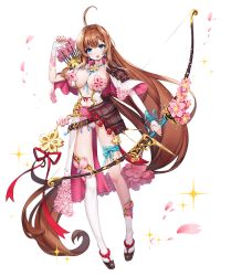 Rule 34 | 1girl, absurdly long hair, ankkoyom, armor, arrow (projectile), asymmetrical legwear, belt, between breasts, blue eyes, blush, bow (weapon), breasts, brown hair, cameltoe, cape, capelet, cleavage, commentary request, earrings, fingerless gloves, flower, full body, gloves, hair ornament, hairclip, highres, holding, holding bow (weapon), holding weapon, houchi shoujo, japanese armor, jewelry, large breasts, leotard, long hair, looking at viewer, open mouth, petals, quiver, sandals, shiny skin, shoulder armor, simple background, single glove, solo, sparkle, standing, thigh strap, thighhighs, uneven legwear, very long hair, weapon, white background, white gloves, white leotard, white thighhighs