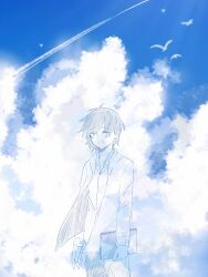 Rule 34 | 1boy, blue sky, cloud, cloud focus, collared shirt, commentary request, contrail, cowboy shot, dated commentary, day, eyes visible through hair, facial mark, facing viewer, hair between eyes, hatching (texture), highres, holding, holding sketchbook, jacket, kagerou project, kokonose haruka, koyon, limited palette, linear hatching, long sleeves, male focus, open clothes, open collar, open jacket, open mouth, outdoors, pants, partial commentary, shirt, short hair, simple bird, sketchbook, sky, smile, solo