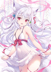 Rule 34 | 1girl, animal ear fluff, animal ears, antenna hair, bare shoulders, blush, bracelet, breasts, clothes lift, collar, covered navel, cropped legs, detached collar, dress, dress lift, fox ears, fox girl, fox tail, hair between eyes, hair ornament, head tilt, highres, jewelry, long hair, looking at viewer, open mouth, original, panties, pink ribbon, red eyes, red ribbon, ribbon, see-through, sleeveless, sleeveless dress, small breasts, solo, tail, talisman, tenmu shinryuusai, underwear, white collar, white dress, white hair, white panties