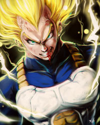 Rule 34 | 1boy, absurdres, anger vein, armor, bad id, bad pixiv id, blonde hair, blood, chromatic aberration, dragon ball, dragonball z, dutch angle, electricity, energy, green eyes, grin, highres, kanchiyo, kubrick stare, male focus, nosebleed, smile, solo, static electricity, super saiyan, super saiyan 2, upper body, vegeta, widow&#039;s peak