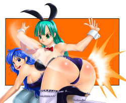 Rule 34 | 2girls, all fours, angry, animal ears, aqua eyes, aqua hair, arm up, ass, back, bare arms, bare shoulders, black footwear, black high heels, black leotard, blue eyes, blue hair, blue legwear, blush, bow, bowtie, breast rest, breasts, bulma, cleavage, closed mouth, detached collar, dragon ball, dragon ball (classic), fake animal ears, female focus, girl on top, hair bow, high heels, huge ass, judge martin, large breasts, leotard, lingerie, long hair, looking at another, looking at viewer, looking back, looking down, lunch (dragon ball), lunch (good) (dragon ball), matching hair/eyes, moaning, multicolored hair, multiple girls, neck, necktie, open mouth, pantyhose, playboy bunny, purple leotard, rabbit ears, red bow, red bowtie, shoes, sitting, spanked, spanking, straight hair, strapless, strapless leotard, streaked hair, sweat, teeth, thighhighs, underwear, wrist cuffs, yuri
