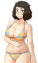 Rule 34 | 1girl, bare shoulders, bikini, black hair, blush, breasts, chief (91m10), collarbone, highres, kawakami sadayo, large breasts, lips, looking at viewer, persona, persona 5, short hair, simple background, solo, swimsuit, thighs