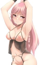 Rule 34 | 1girl, armpits, arms up, babydoll, blush, braid, breasts, closed mouth, commentary, cupless babydoll, embarrassed, english commentary, fire emblem, fire emblem awakening, fire emblem heroes, garter belt, lingerie, long hair, looking away, medium breasts, navel, nintendo, nipples, olivia (fire emblem), one side up, out-of-frame censoring, pink eyes, pink hair, simple background, skeptycally, solo, twin braids, underwear, underwear only, white background