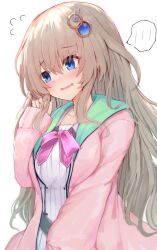 Rule 34 | 1girl, 9-nine-, absurdres, blue eyes, blush, breasts, brown hair, embarrassed, hair between eyes, hair ornament, hand in own hair, highres, jacket, kujou miyako, large breasts, long hair, looking to the side, nodoameyatou, open mouth, pink jacket, playing with hair, purple ribbon, ribbon, sidelocks, solo, standing, very long hair, wavy hair, white background