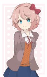 Rule 34 | 1girl, arms behind back, bad link, blue eyes, blue skirt, bow, chocomiru, doki doki literature club, grey jacket, hair bow, highres, jacket, long sleeves, looking at viewer, neck ribbon, open clothes, open jacket, orange vest, pink hair, red bow, red ribbon, ribbon, sayori (doki doki literature club), school uniform, shirt, short hair, simple background, skirt, smile, solo, source request, split mouth, vest, white shirt, wing collar