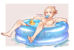 Rule 34 | 1boy, barefoot, black eyes, blonde hair, border, brown background, empty eyes, food, food in mouth, hair bun, highres, male focus, male swimwear, partially submerged, popsicle, red male swimwear, red swim trunks, rubber duck, sano manjirou, simple background, single hair bun, sitting, solo, swim trunks, swimsuit, tokyo revengers, tonomayo, topless male, twitter username, wading pool, white border