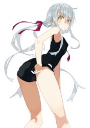 Rule 34 | 1girl, adjusting clothes, adjusting swimsuit, armpits, bow, competition swimsuit, from behind, from below, hair bow, hand under clothes, hand under swimsuit, karei (hirameme), kneepits, long hair, looking at viewer, low twintails, one-piece swimsuit, original, school swimsuit, serious, silver hair, simple background, solo, standing, swimsuit, twintails, very long hair, white background, yellow eyes