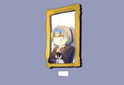 Rule 34 | 1000-nen ikiteru (vocaloid), 1girl, angela (project moon), ascot, blue background, blue coat, blue hair, closed mouth, coat, fei se wuya, gloves, library of ruina, long sleeves, picture frame, project moon, short hair, simple background, solo, white ascot, white gloves, yellow eyes