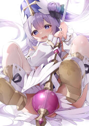 Rule 34 | 1girl, absurdres, azur lane, blush, classic (zildjian33), commentary request, hair bun, highres, holding, holding staff, long sleeves, looking at viewer, official alternate costume, open mouth, pantyhose, priestess, puffy long sleeves, puffy sleeves, purple eyes, purple hair, royal navy emblem (azur lane), single hair bun, single side bun, solo, staff, thighs, unicorn (azur lane), unicorn (snow white guardian angel) (azur lane), wavy mouth, white pantyhose, winged footwear