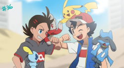 Rule 34 | 2boys, antenna hair, ash ketchum, baseball cap, blue eyes, blue vest, brown eyes, clenched hands, creatures (company), dark skin, dark-skinned male, day, dessert, food, game freak, gen 1 pokemon, gen 4 pokemon, gen 8 pokemon, goh (pokemon), grey shirt, grin, hat, high five, multiple boys, nintendo, on head, on shoulder, one eye closed, open clothes, open mouth, open vest, outdoors, pikachu, pokemon, pokemon (anime), pokemon (creature), pokemon on head, pokemon on shoulder, pokemon journeys, raboot, red headwear, riolu, shirt, short hair, short sleeves, smile, sobble, spiked hair, vest, white shirt, yas9 9
