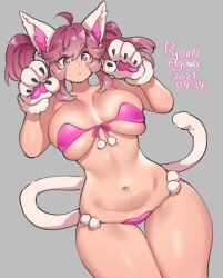 Rule 34 | 1girl, agawa ryou, ahoge, animal ears, animal hands, artist name, bikini, breasts, cat ears, cat paws, cat tail, claw pose, closed mouth, commentary, dated, english commentary, front-tie bikini top, front-tie top, gloves, grey background, hair between eyes, heart bikini, large breasts, legs together, looking at viewer, navel, original, paw gloves, pink bikini, pink hair, pom pom (clothes), purple eyes, signature, simple background, solo, standing, stomach, swimsuit, tail, thick eyebrows, thighs, twintails, white gloves, white tail