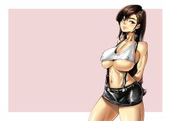 Rule 34 | 1girl, aarokira, arms behind back, ass, black hair, breasts, covered erect nipples, earrings, female focus, final fantasy, final fantasy vii, grin, highres, jewelry, large breasts, legs, long hair, looking at viewer, midriff, navel, nipples, red eyes, shiny skin, skirt, smile, square enix, standing, thighs, tifa lockhart