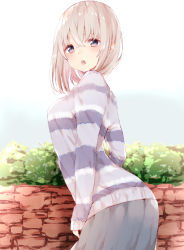 Rule 34 | 1girl, :o, arched back, blue eyes, blush, crossed bangs, day, from side, grey skirt, highres, looking at viewer, manatsuki manata, original, outdoors, sidelocks, silver hair, skirt, sleeves past wrists, solo, striped clothes, striped sweater, sweater, tareme, teeth