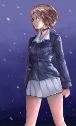 Rule 34 | 10s, 1girl, bad id, bad pixiv id, blue jacket, brown eyes, brown hair, clenched hands, cowboy shot, girls und panzer, green shirt, highres, jacket, lips, long sleeves, looking away, looking to the side, matching hair/eyes, military, military uniform, miniskirt, nishizumi miho, onsen man, pleated skirt, profile, serious, shirt, short hair, skirt, snow, snowing, solo, standing, throat microphone, twitter username, uniform, white skirt, wind