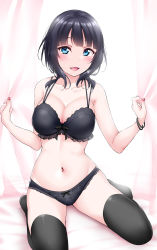 Rule 34 | 1girl, :d, asaka karin, bare arms, black bow, black hair, black panties, black thighhighs, blue eyes, blunt bangs, blush, bow, bow bra, bow panties, bra, bracelet, breasts, cleavage, collarbone, curtains, floral print, frill trim, frills, highres, jewelry, large breasts, looking at viewer, love live!, love live! nijigasaki high school idol club, love live! school idol festival, love live! school idol festival all stars, medium hair, mole, mole on collarbone, nail polish, navel, open mouth, panties, see-through, simple background, sitting, sleeveless, smile, solo, thighhighs, underwear, underwear only, wariza, white background, yopparai oni