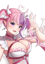 Rule 34 | 1girl, ahoge, bell, black nails, breasts, choker, cleavage, commentary, demon girl, demon horns, demon wings, dress, earrings, frilled dress, frills, hair ornament, head wings, heart, heart ahoge, heart earrings, heart hair ornament, highres, horns, ironmouse, ironmouse (demon form), jewelry, jingle bell, large breasts, looking at viewer, nail polish, pink choker, pink eyes, pink hair, purple hair, ryo-taso, symbol-only commentary, virtual youtuber, vshojo, white dress, wings