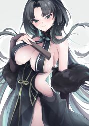 Rule 34 | 1girl, absurdres, azur lane, bare shoulders, black dress, black hair, blush, breasts, bridal gauntlets, cleavage, commentary request, dress, elbow gloves, folding fan, fur-trimmed gloves, fur trim, gloves, hand fan, head tilt, highres, holding, holding fan, huan ch&#039;ang (azur lane), large breasts, long hair, looking at viewer, osatou (soul of sugar), side slit, sideboob, sidelocks, sleeveless, sleeveless dress, smile, solo, very long hair