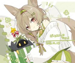Rule 34 | 1girl, animal ear fluff, arknights, artist name, beanstalk (arknights), beanstalk (gift uncompleted) (arknights), bell, bow, braid, brown hair, closed mouth, commentary request, dated, dress, green dress, green hairband, green nails, hair between eyes, hair ornament, hairband, hairclip, hyena ears, hyena girl, hyena tail, itsuki 02, long hair, long sleeves, looking at viewer, metal crab (arknights), multicolored nails, nail polish, off-shoulder sweater, off shoulder, peacake (arknights), pink nails, puffy long sleeves, puffy sleeves, red bow, red eyes, side braid, sleeves past wrists, smile, star (symbol), sweater, twitter username, white sweater