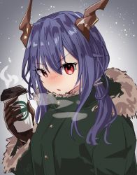 Rule 34 | 1girl, arknights, blush, brown gloves, ch&#039;en (arknights), coffee cup, commentary request, cup, disposable cup, fur-trimmed hood, fur-trimmed sleeves, fur trim, gloves, green jacket, hair between eyes, hair over shoulder, holding, holding cup, hood, hood down, hooded jacket, horns, jacket, long hair, long sleeves, looking away, low twintails, nose blush, parted lips, solo, tsuyuki yuki, twintails, v-shaped eyebrows