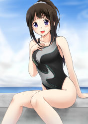 Rule 34 | 10s, 1girl, :d, alternate costume, arm support, bare legs, black hair, blush, breasts, chitanda eru, cloud, collarbone, competition swimsuit, day, fuuma nagi, hand on own chest, hyouka, looking at viewer, medium breasts, one-piece swimsuit, open mouth, purple eyes, sitting, sky, smile, solo, swimsuit